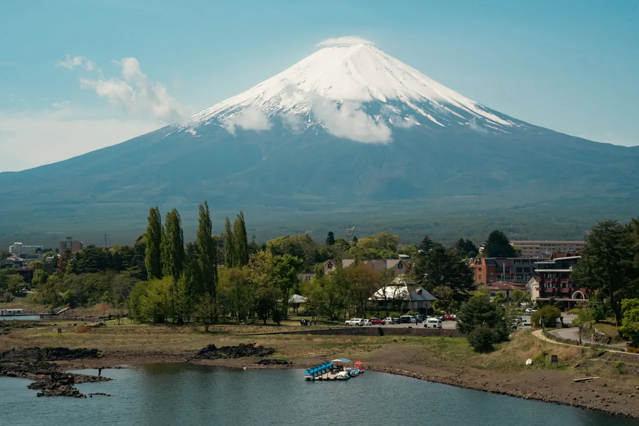 Beautiful view of Mount Fuji with surrounding landscape on a clear day.
